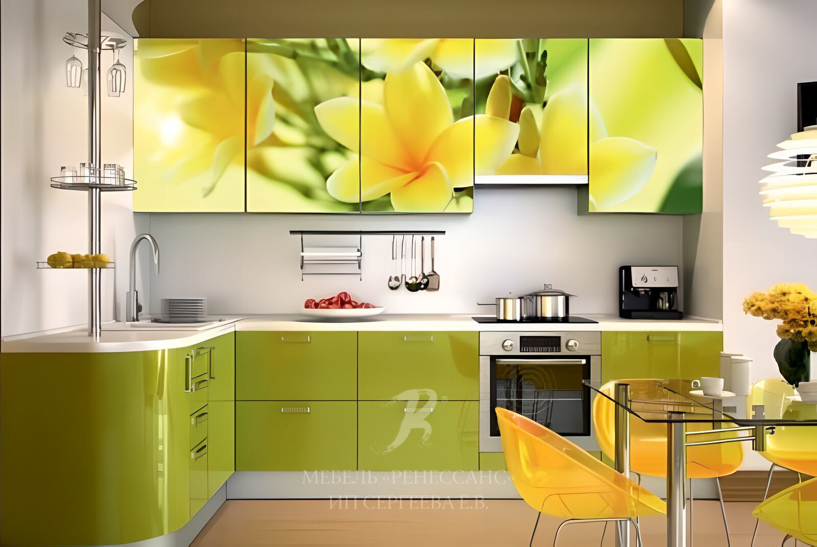 Желто зеленая кухня. Кухня в желто зеленых тонах. Желтый кухонный гарнитур. Кухни с фотопринтом.